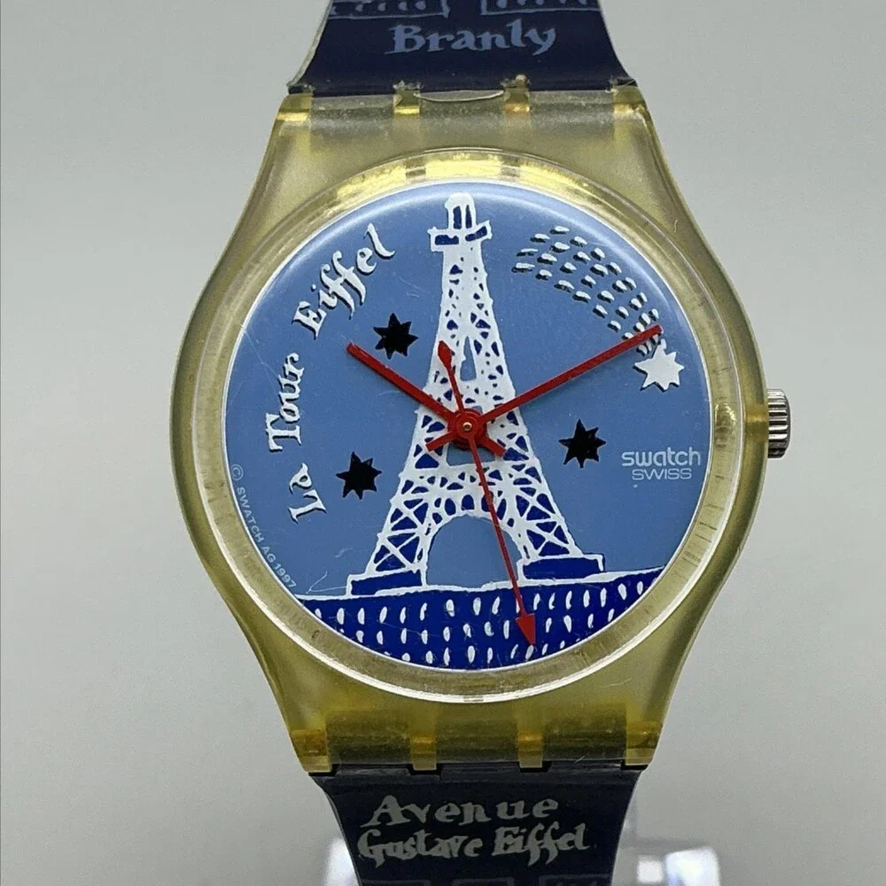 Swatch Gent Titi Parisien Womens Watch 34mm Blue Dial Blue Strap New Battery
